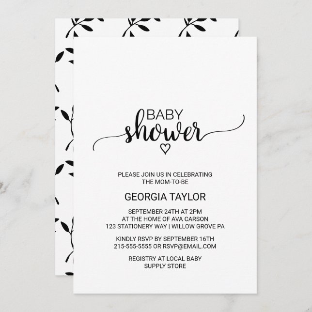 Simple Black and White Calligraphy Baby Shower Invitation (Front/Back)