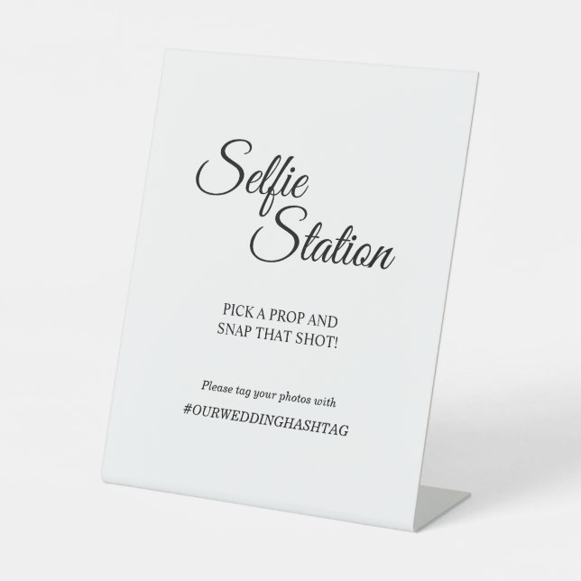 Simple Black and White Calligraphy Selfie Station Pedestal Sign (Front)