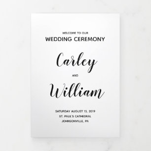 Simple Black and White Calligraphy Wedding Program Tri-Fold Programme