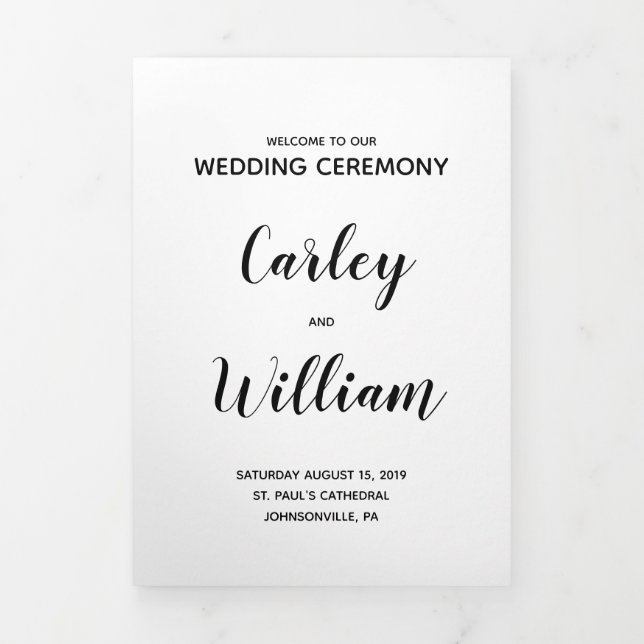Simple Black and White Calligraphy Wedding Program Tri-Fold Programme (Cover)