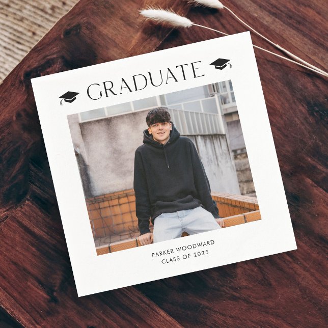 Simple black and white cap photo graduation  napkin (Simple black and white cap photo graduation party napkins.)