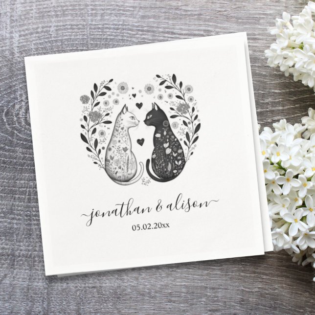  Simple Black and White Cats Floral Chic Wedding  Napkin (Creator Uploaded)