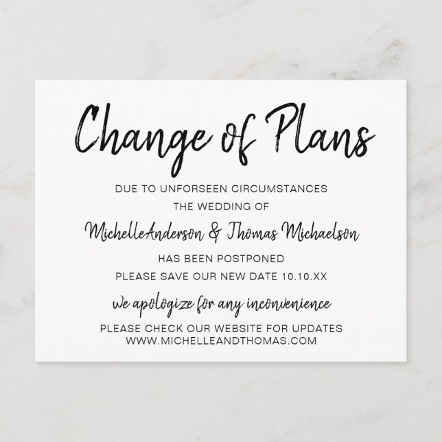 Simple Black and White Change of Plans Announcement Postcard (Front)