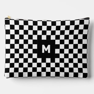 Simple Black and White Chequered Pattern Monogram Accessory Pouch