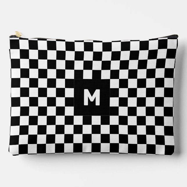 Simple Black and White Chequered Pattern Monogram Accessory Pouch (Front)
