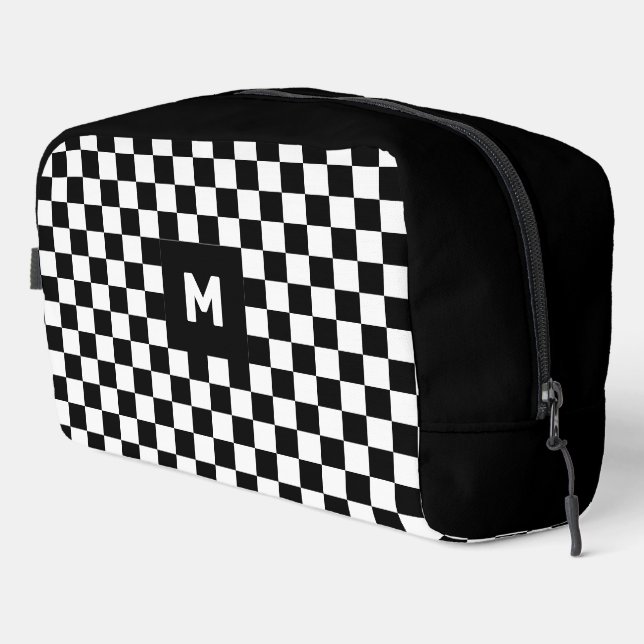 Simple Black and White Chequered Pattern Monogram Dopp Kit (Right Corner)