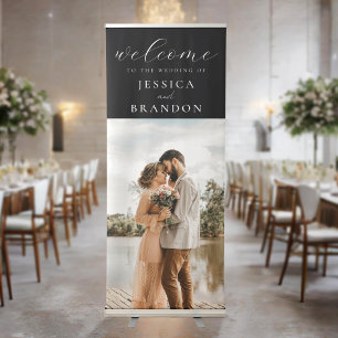 Simple Black and White Chic Photo Wedding Welcome Retractable Banner