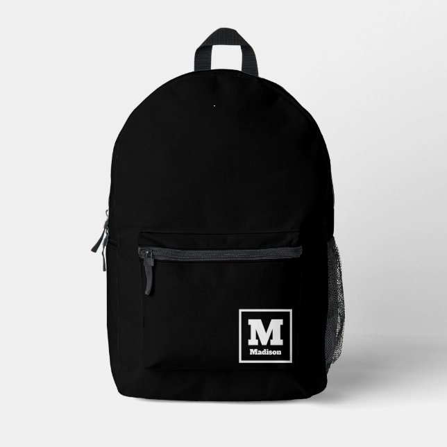 Simple Black and White Classic Retro Monogram Name Printed Backpack (Front)