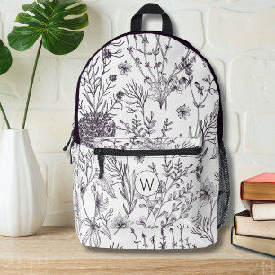 Simple Black and White Country Floral Monogram Printed Backpack