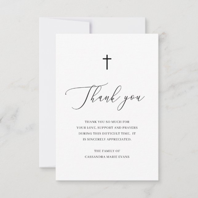 Simple Black and White Cross Sympathy Funeral Thank You Card (Front)