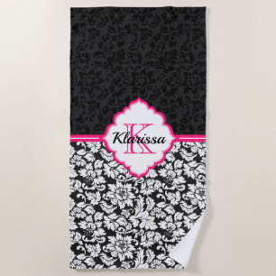 Simple Black And White Damask Pink Stripe Beach Towel