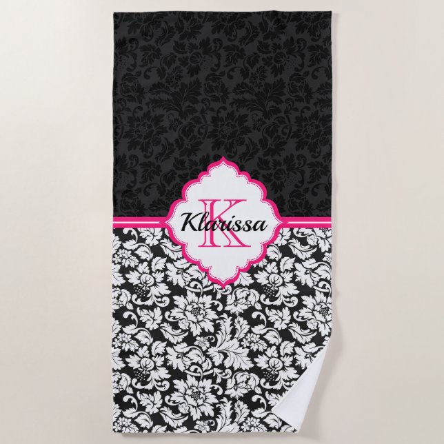 Simple Black And White Damask Pink Stripe Beach Towel (Front)