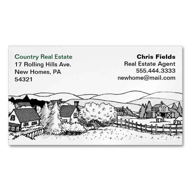 Simple Black and White Drawing | Country Scene Magnetic Business Card (Front)