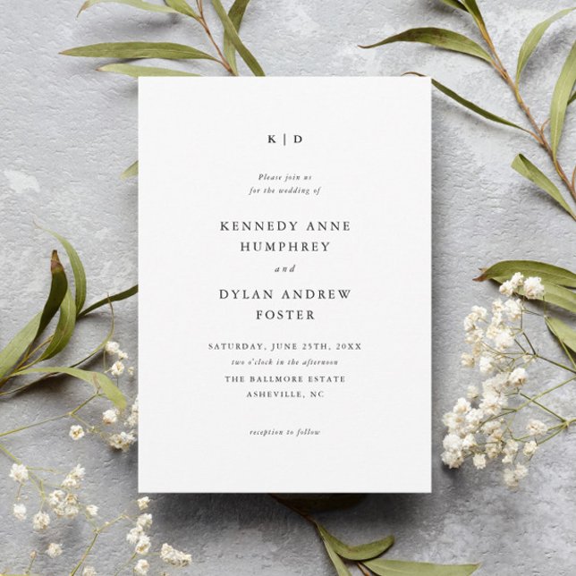 Simple Black and White Elegant Wedding Invitation (Simple black and white wedding invitation with classic monogram and minimalist typography.)