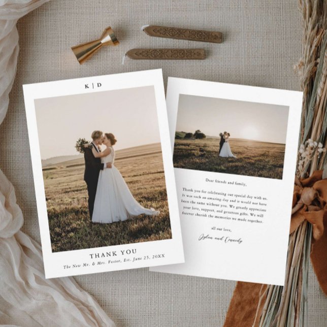 Simple Black and White Elegant Wedding Photo Thank You Card (Simple minimalist black and white wedding photo thank you card.)