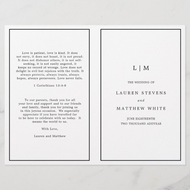 Simple Black and White Elegant Wedding Program (Front)