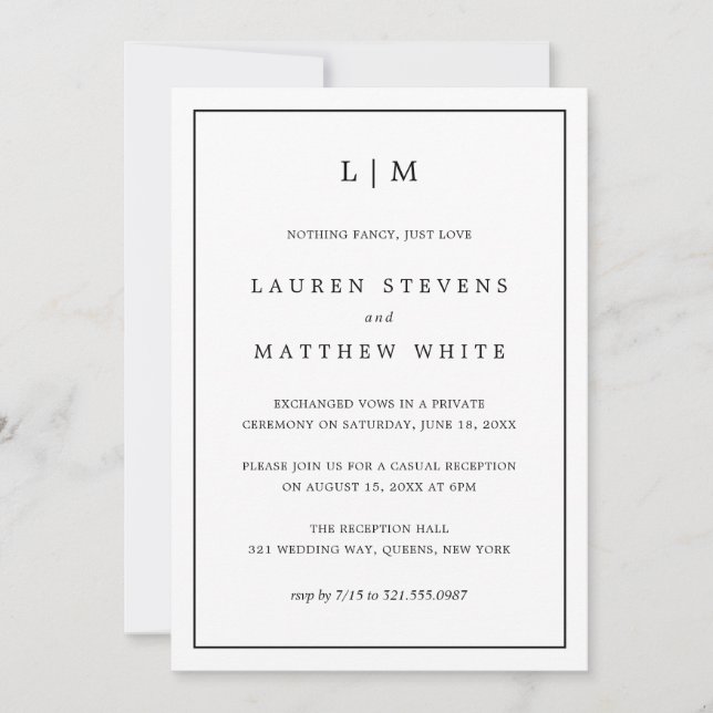 Simple Black and White Elegant Wedding Reception Invitation (Front)