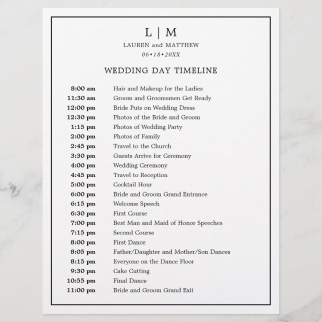 Simple Black and White Elegant Wedding Timeline (Front)
