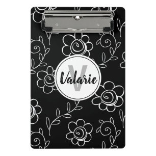 Simple Black and White Floral Monogram Mini Clipboard