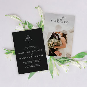 Simple Black and White Floral Monogram Wedding Announcement