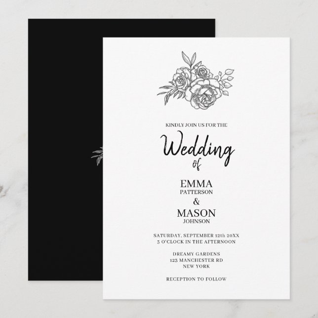 Simple Black and White Floral Outline Invitation (Front/Back)