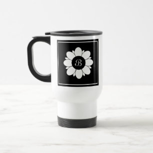 Simple Black and White Flower Design Initial Travel Mug