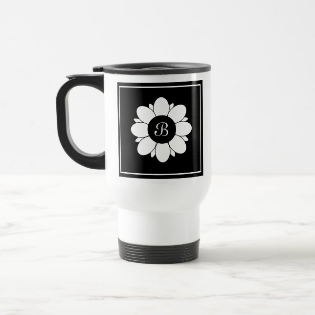 Simple Black and White Flower Design Initial Travel Mug (Left)