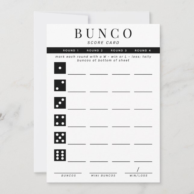 Simple Black and White Four Round Bunco Score Card (Front)