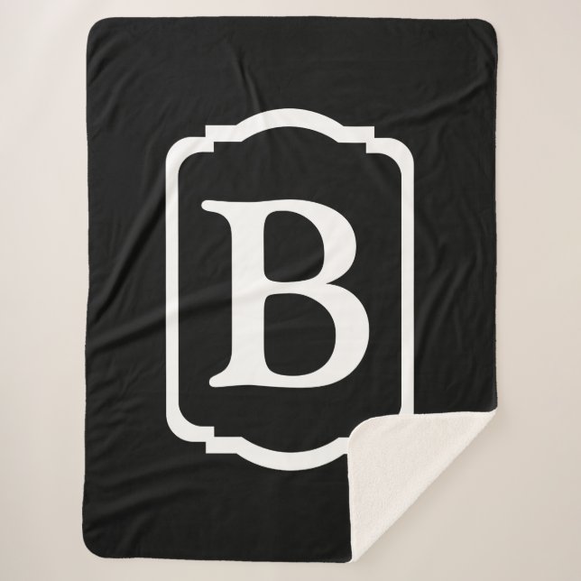 Simple Black and White Framed Monogram Sherpa Blanket (Front)