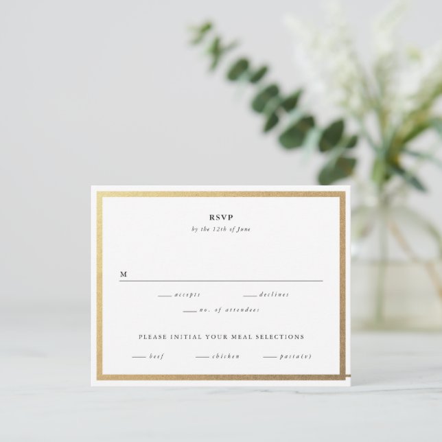 Simple Black and White Gold Elegant Wedding  RSVP Card (Standing Front)