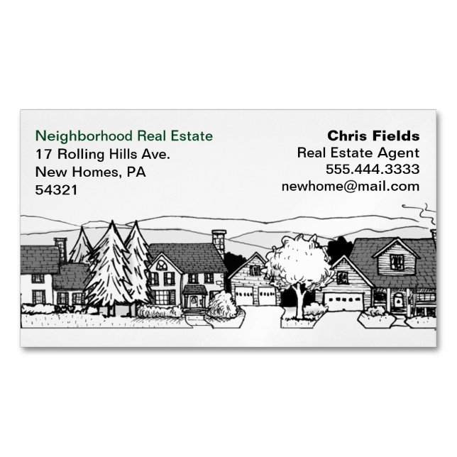 Simple Black and White Illustration of Homes Magnetic Business Card (Front)