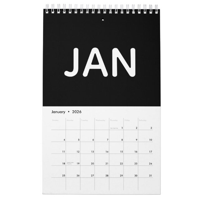 Simple Black and White Minimalist 2026 Calendar (Jan 2026)