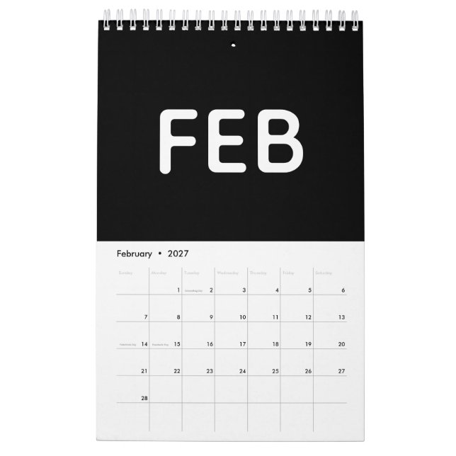 Simple Black and White Minimalist Calendar (Feb 2027)