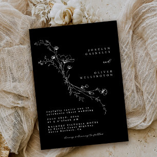 Simple Black and White Minimalist Floral Wedding Invitation