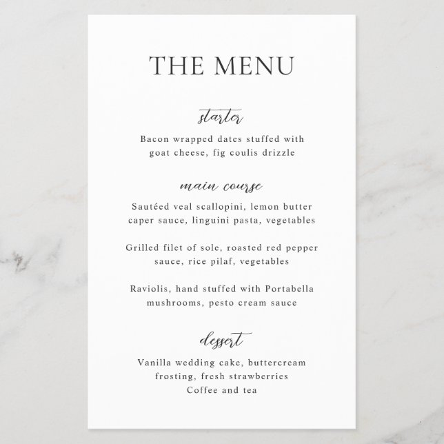 Simple Black and White Modern Budget Wedding Menu (Front)