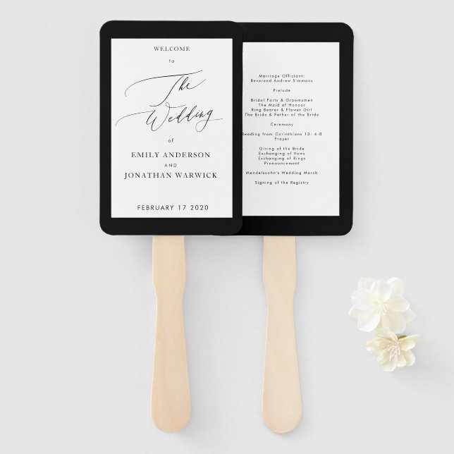 Simple Black and White Modern Calligraphy Wedding Hand Fan (Front and Back)