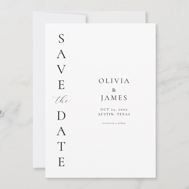 Simple Black and White Modern Elegant Wedding Save The Date (Front)