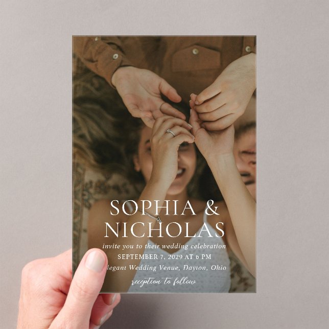 Simple Black and White Modern Photo Wedding Acrylic Invitations (Insitu (Handheld))