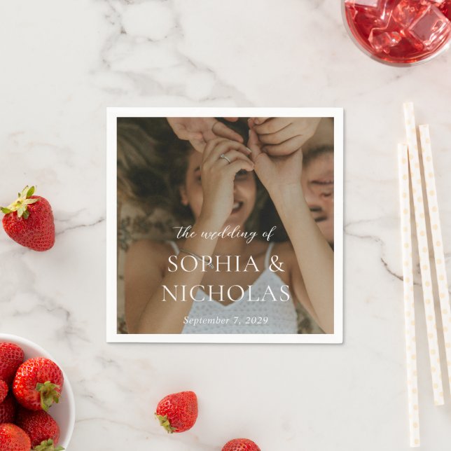 Simple Black and White Modern Photo Wedding Napkin (Insitu)