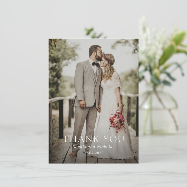 Simple Black and White Modern Photo Wedding Thank You Card (Standing Front)