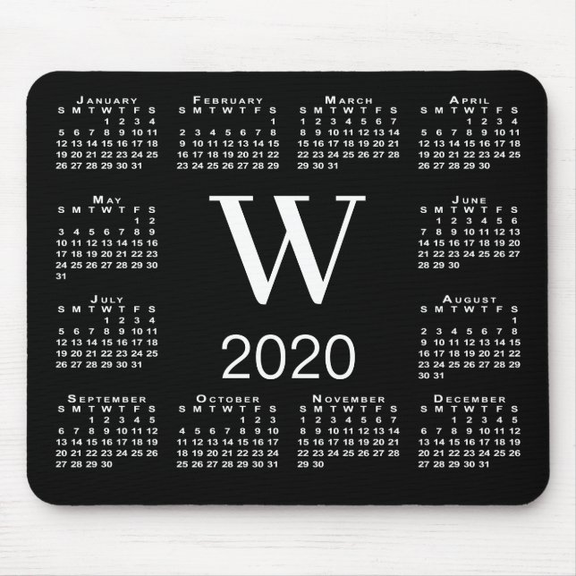 Simple Black and White Monogram 2020 Calendar Mouse Mat (Front)