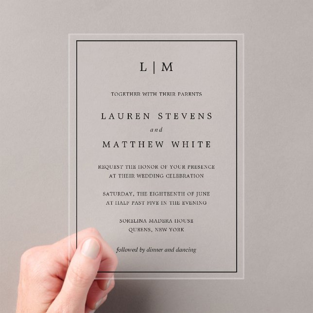 Simple Black and White Monogram Elegant Wedding Acrylic Invitations (Insitu (Handheld))