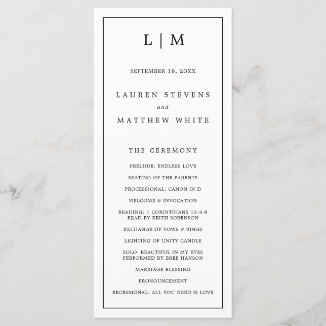 Simple Black and White Monogram Elegant Wedding Programme (Front)