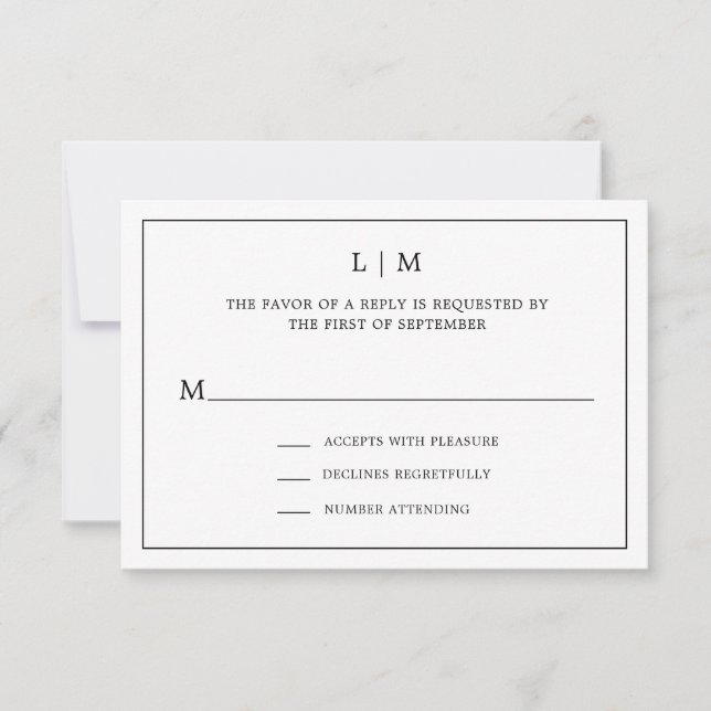 Simple Black and White Monogram Elegant Wedding RSVP Card (Front)