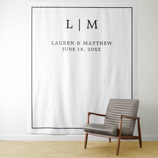 Simple Black and White Monogram Elegant Wedding Tapestry (In Situ)