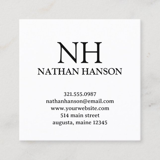 Simple Black and White Monogram Modern Square Business Card (Front)