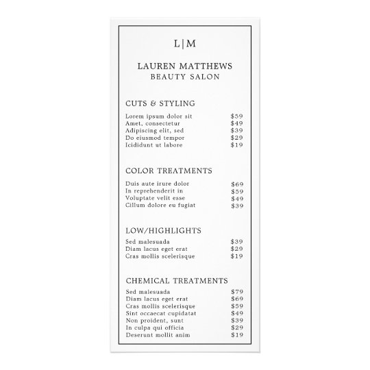 Simple Black and White Monogram Salon Price List Rack Card | 0