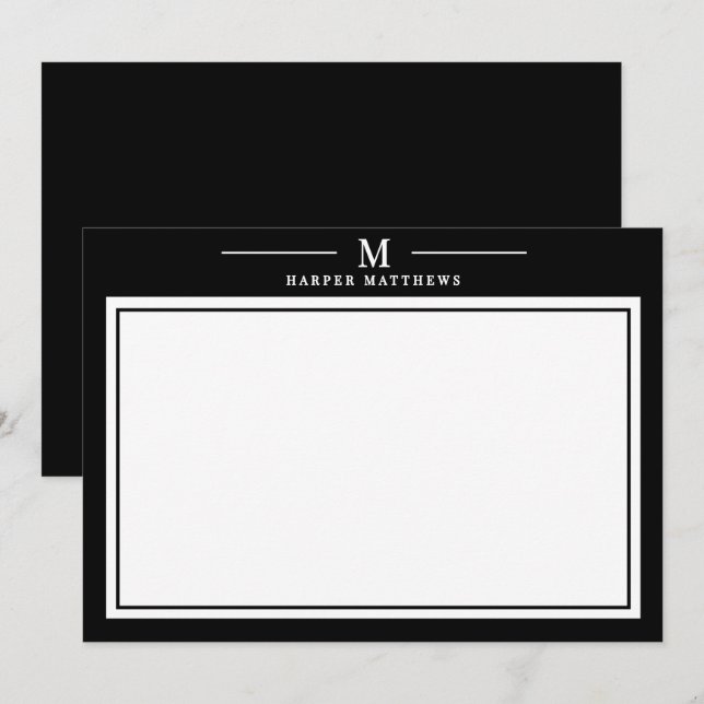 Simple Black and White Monogram Stationery Card (Front/Back)