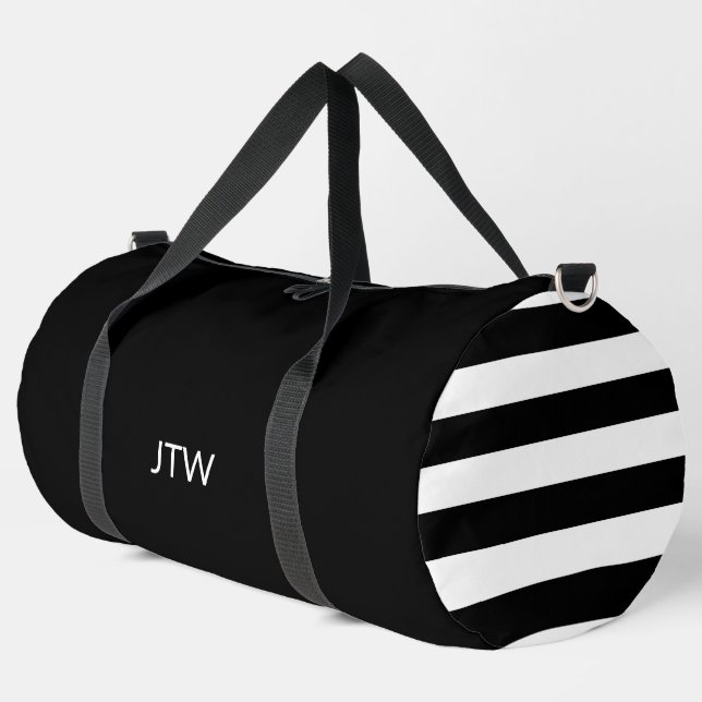 Simple Black and White Monogram Stripes Pattern Duffle Bag (Left Corner)