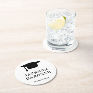 Simple Black and White Mortar Board Graduation Round Paper Coaster